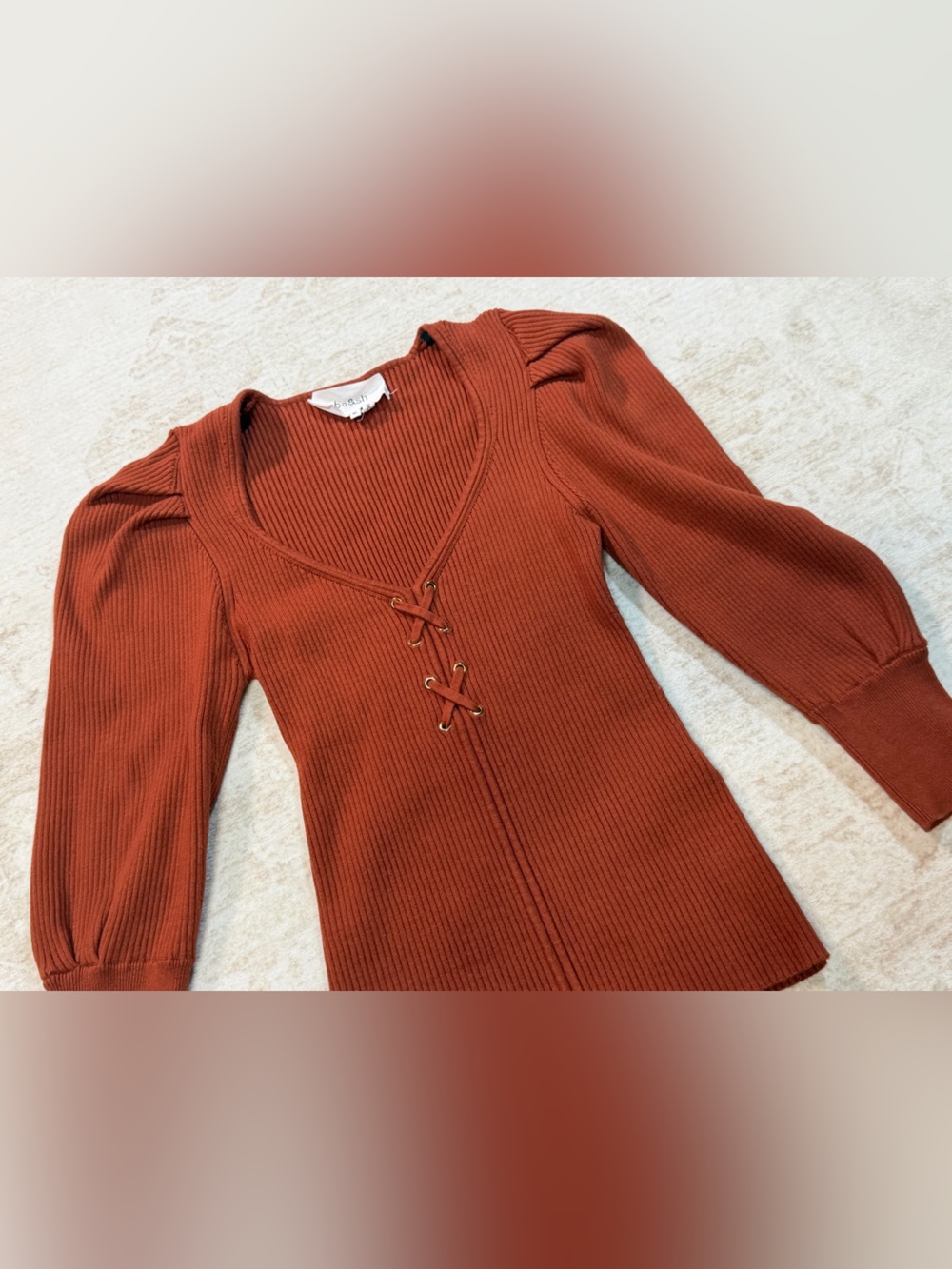 Ba&sh Rust Lace-Up Ribbed V-Neck Sweater - Picture 2 of 10